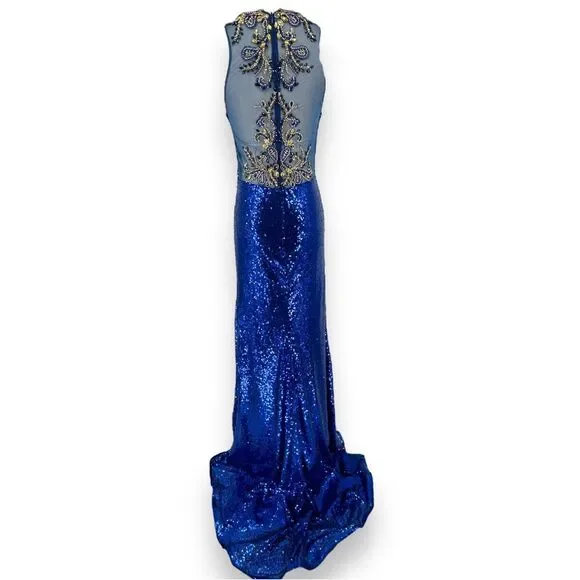 Camille La Vie Royal Blue Sequin Maxi Formal Gown Beaded Nude Illusion 4 Prom - Picture 2 of 5